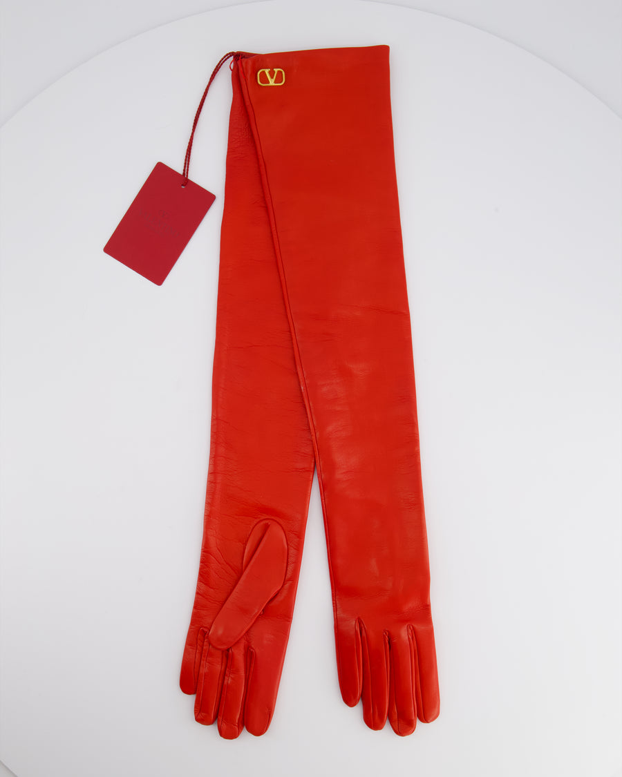 Valentino Red Leather Opera-Length Gloves With Gold Logo Detail Glove Size 6