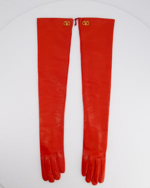 Valentino Red Leather Opera-Length Gloves With Gold Logo Detail Glove Size 6