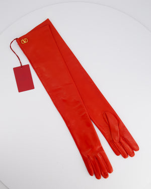 Valentino Red Leather Opera-Length Gloves With Gold Logo Detail Glove Size 6