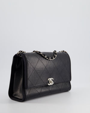 Chanel Black Matelasse Crumpled Calfskin Leather Flap Bag With Silver Hardware and Grosgrain Fabric Detailing