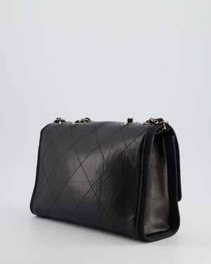 Chanel Black Matelasse Crumpled Calfskin Leather Flap Bag With Silver Hardware and Grosgrain Fabric Detailing