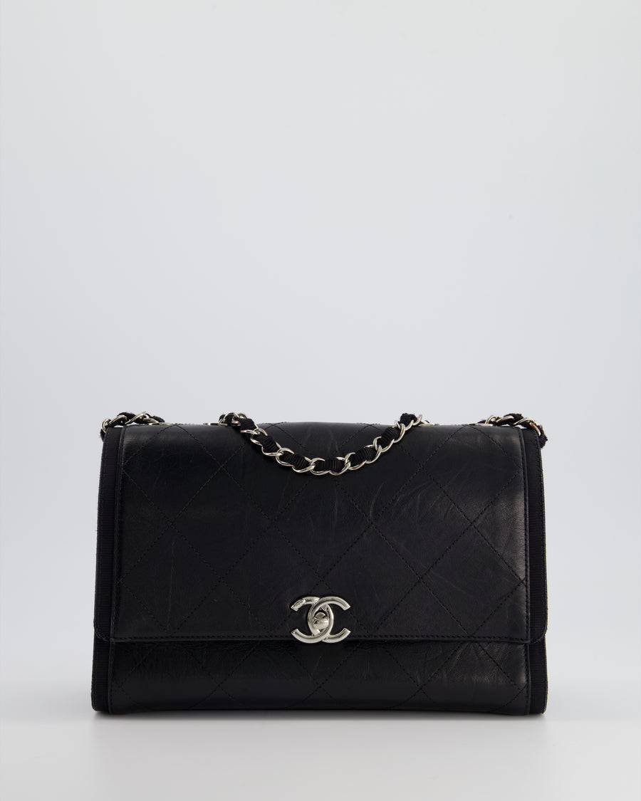 Chanel Black Matelasse Crumpled Calfskin Leather Flap Bag With Silver Hardware and Grosgrain Fabric Detailing