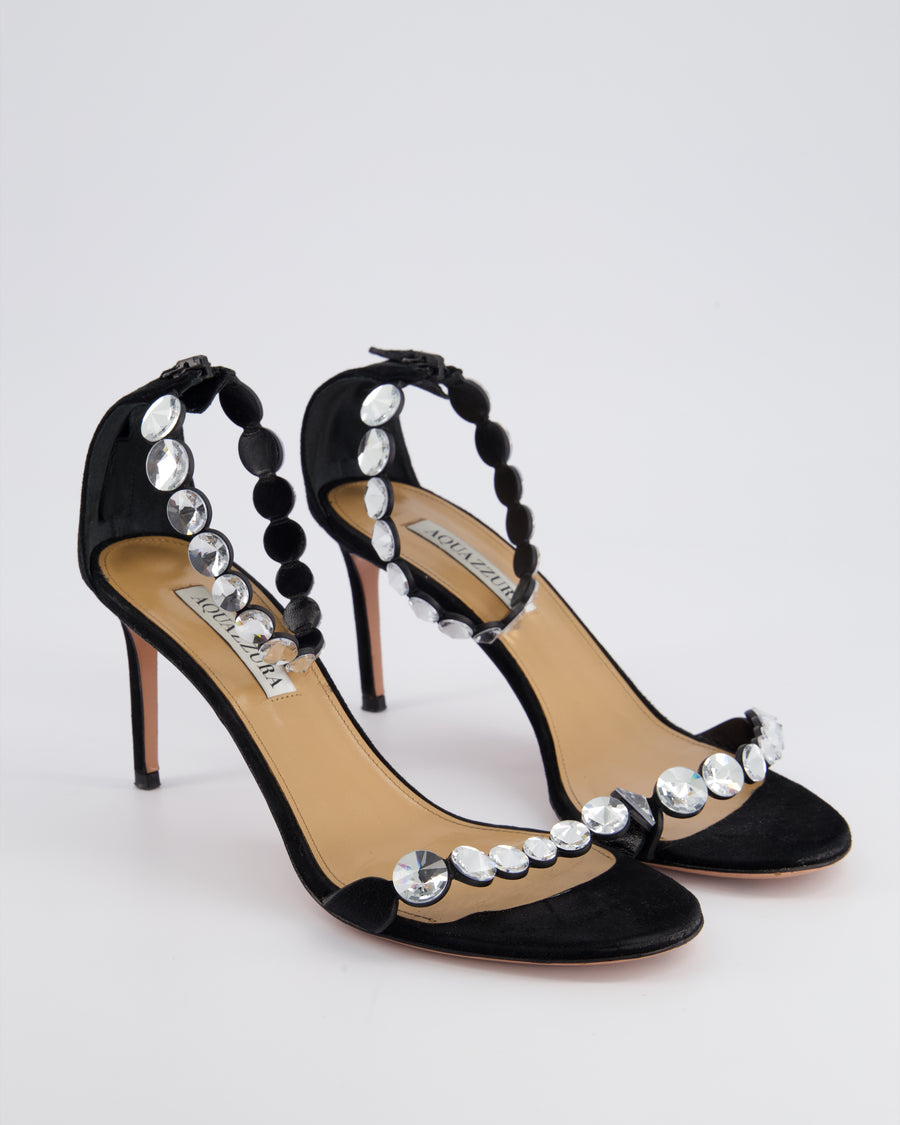 Aquazzura Black Suede & Crystal Strap Open Toe Heels Size EU 39