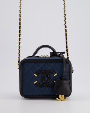 Chanel Navy and Black Small CC Vanity Case Bag in Caviar Leather with Brushed Gold Hardware