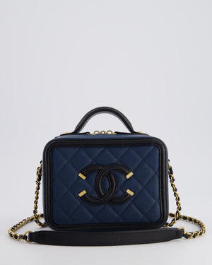 Chanel Navy and Black Small CC Vanity Case Bag in Caviar Leather with Brushed Gold Hardware