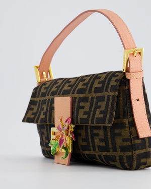 *COLLECTOR'S* Fendi Brown Zucca Monogram Vintage Baguette Bag in Fabric with Pink Leather Strap &amp; Gold Hardware