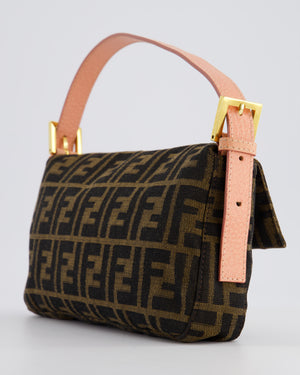 *COLLECTOR'S* Fendi Brown Zucca Monogram Vintage Baguette Bag in Fabric with Pink Leather Strap &amp; Gold Hardware