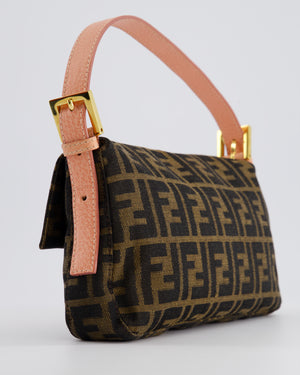 *COLLECTOR'S* Fendi Brown Zucca Monogram Vintage Baguette Bag in Fabric with Pink Leather Strap &amp; Gold Hardware