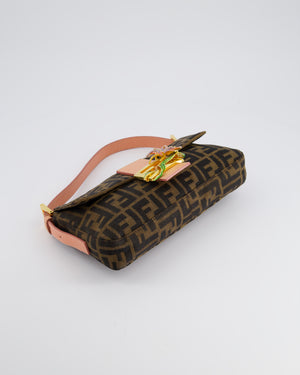 *COLLECTOR'S* Fendi Brown Zucca Monogram Vintage Baguette Bag in Fabric with Pink Leather Strap &amp; Gold Hardware