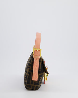 *COLLECTOR'S* Fendi Brown Zucca Monogram Vintage Baguette Bag in Fabric with Pink Leather Strap &amp; Gold Hardware