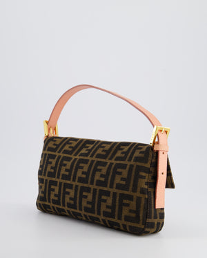 *COLLECTOR'S* Fendi Brown Zucca Monogram Vintage Baguette Bag in Fabric with Pink Leather Strap &amp; Gold Hardware