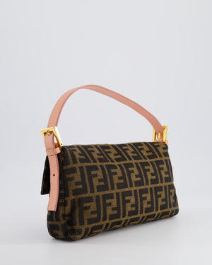 *COLLECTOR'S* Fendi Brown Zucca Monogram Vintage Baguette Bag in Fabric with Pink Leather Strap &amp; Gold Hardware