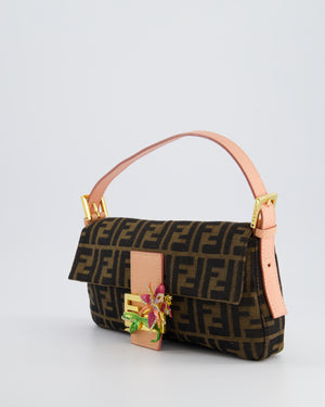 *COLLECTOR'S* Fendi Brown Zucca Monogram Vintage Baguette Bag in Fabric with Pink Leather Strap &amp; Gold Hardware