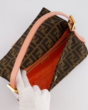 *COLLECTOR'S* Fendi Brown Zucca Monogram Vintage Baguette Bag in Fabric with Pink Leather Strap &amp; Gold Hardware