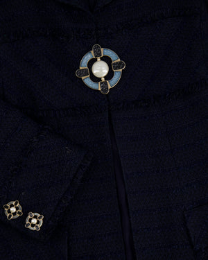 Chanel Paris Monte-Carlo Navy Tweed Long Jacket with Gripoix Pearl Details Size FR 38 (UK 10)