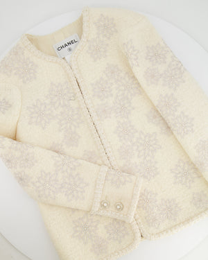 Chanel 15A Paris-Salzburg Cream Tweed Jacket with Sequin Embellished Edelweiss and Pearl Buttons Size FR 36 (UK 8)