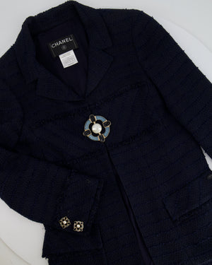 Chanel Paris Monte-Carlo Navy Tweed Long Jacket with Gripoix Pearl Details Size FR 38 (UK 10)