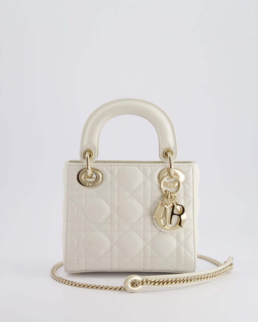 *HOT* Christian Dior Mini Lady Dior Bag in Latte White Cannage Lambskin Leather with Champagne Gold Hardware