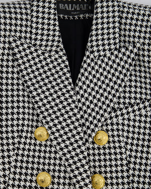 Balmain Black and White Houndstooth Blazer Jacket with Gold Button Details Size FR 38 (UK 8)