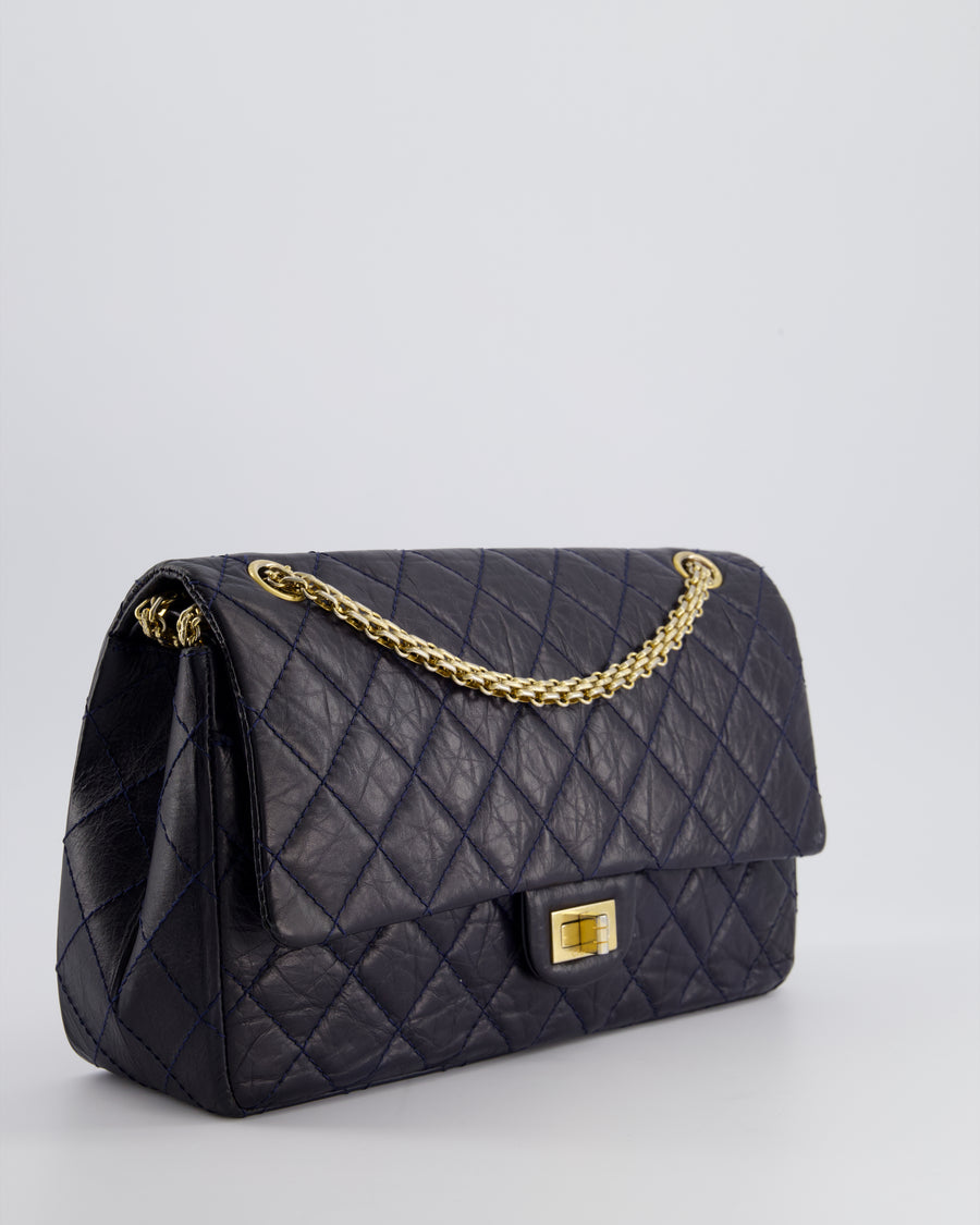 Chanel Navy Medium Reissue 2.55 Double Flap Bag in Quilted Crumpled Lambskin with Gold Hardware