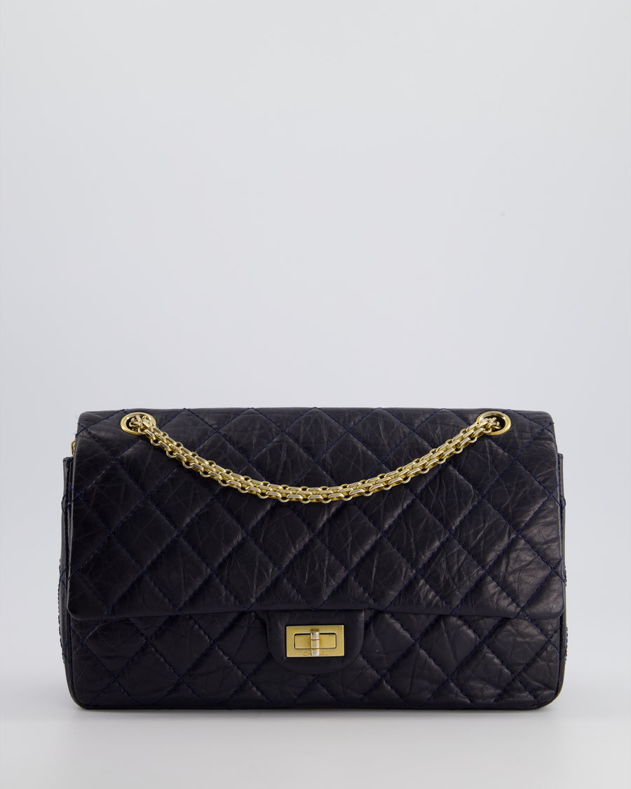 Chanel Navy Medium Reissue 2.55 Double Flap Bag in Quilted Crumpled Lambskin with Gold Hardware