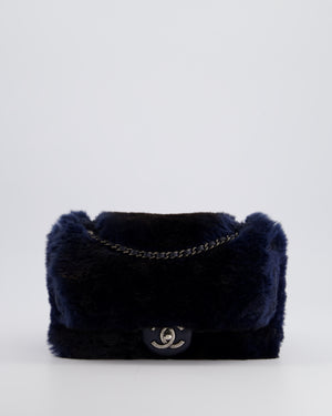 *HOT* Chanel Navy Rabbit Fur Single Flap Bag with Silver Hardware