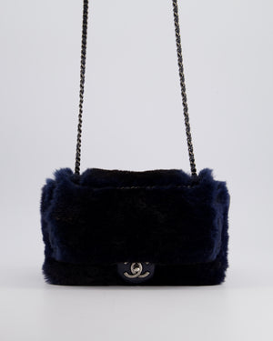 *HOT* Chanel Navy Rabbit Fur Single Flap Bag with Silver Hardware