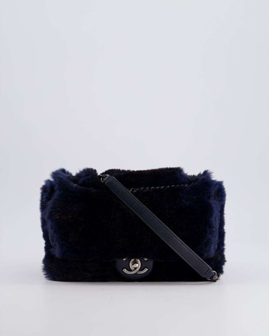 *HOT* Chanel Navy Rabbit Fur Single Flap Bag with Silver Hardware