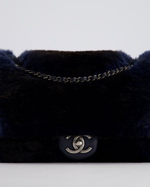 *HOT* Chanel Navy Rabbit Fur Single Flap Bag with Silver Hardware