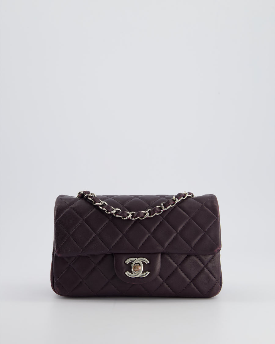 Chanel Aubergine Purple Mini Rectangular Classic Flap Bag in Lambskin Leather with Silver Hardware