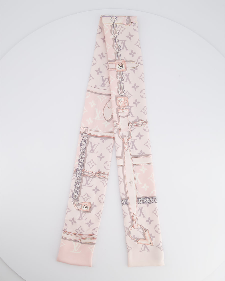 Louis Vuitton Light Pink & Grey Chain and Monogram Printed Silk Twilly Scarf