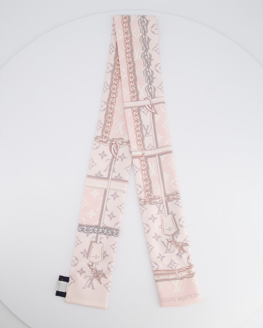 Louis Vuitton Light Pink & Grey Chain and Monogram Printed Silk Twilly Scarf