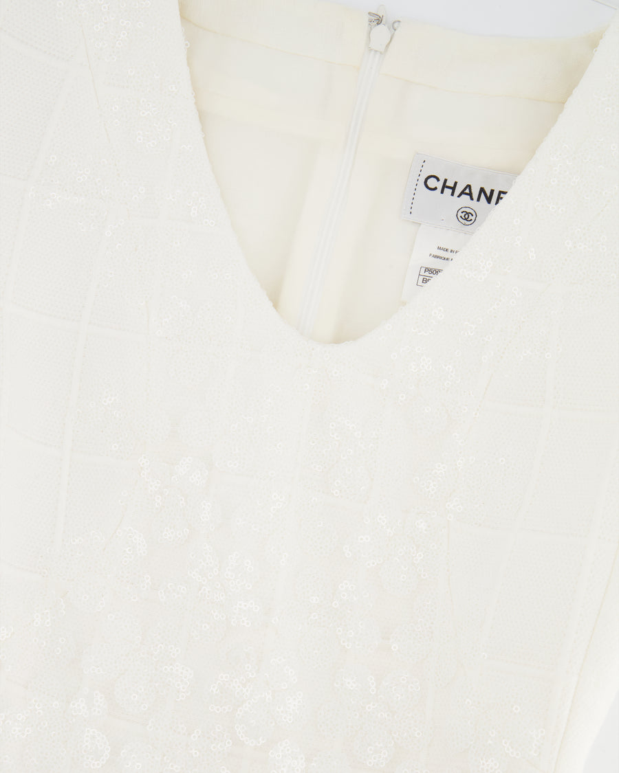 Chanel White Short Sleeve Sequin Floral Embellished Mini Dress Size FR 36 (UK 8)