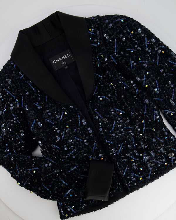 *HOT* Chanel Black and Blue Sequin Embellished Jacket with Satin Collar Detail Size FR 34 (UK 6)