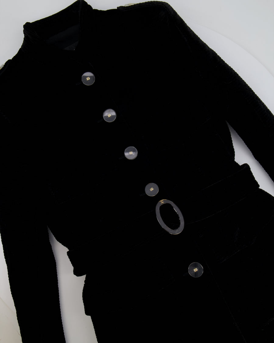 Chanel Black Velvet Belted Coat with Perspex CC Button Details Size FR 34 (UK 6)