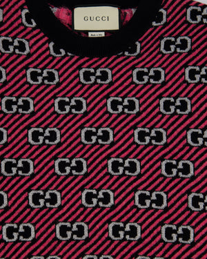 Gucci Black and Pink Striped Short Sleeve Knit Jumper with Silver Thread GG Logo Detail Size IT 40 (UK 8)