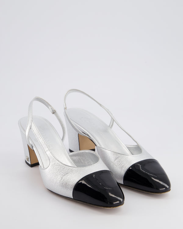 *HOT* Chanel Silver and Black Slingback Heels Size EU 38