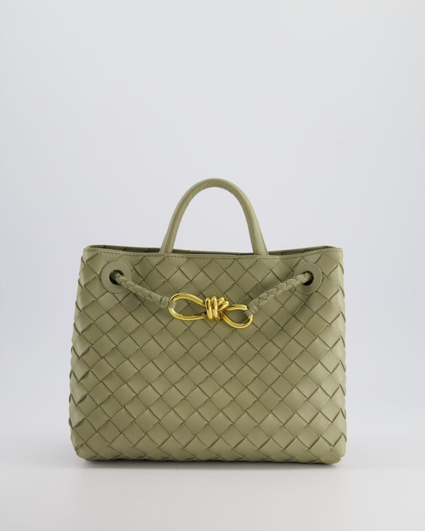 Bottega Veneta Travertine Green Small Andiamo Intrecciato Leather Top Handle Bag with Sliding Cross-Body and Gold Knot Hardware RRP £3,410