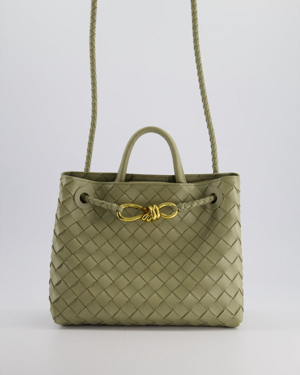 Bottega Veneta Travertine Green Small Andiamo Intrecciato Leather Top Handle Bag with Sliding Cross-Body and Gold Knot Hardware RRP £3,410