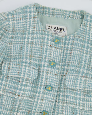 Chanel 1997 Vintage Baby Blue, Brown and White Tweed Jacket with CC Button Details Size FR 36 (UK 8)