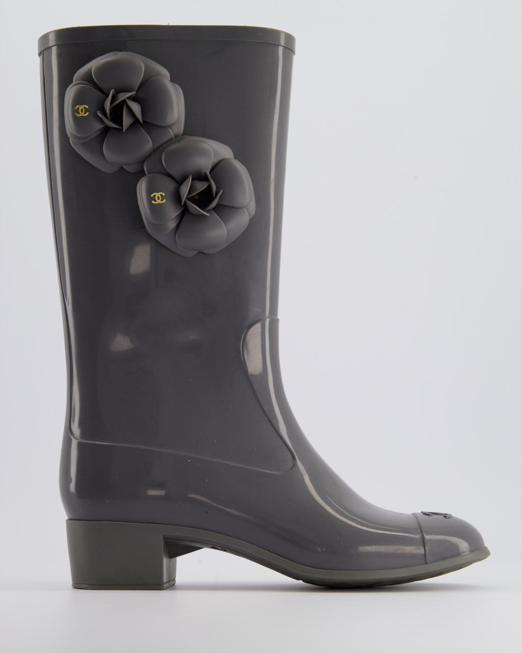 Chanel Stone Grey Rubber Rain Boots with Camelia CC Logo Detail Size Sellier