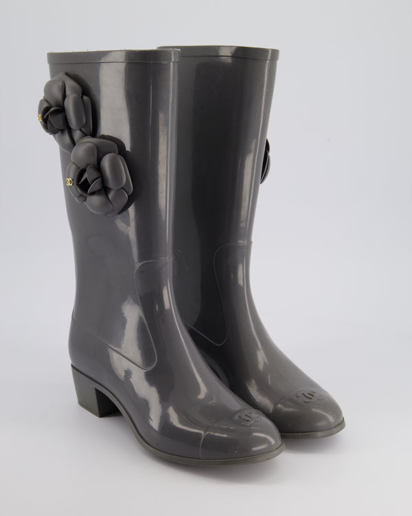 Chanel Stone Grey Rubber Rain Boots with Camelia & CC Logo Detail Size EU 37