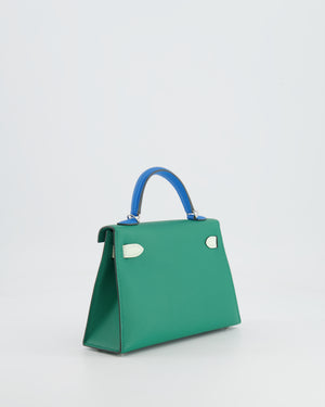 *RARE* Hermès Mini Kelly II Tricolour 20cm Bag In Vert Vertigo, Bleu Zanzibar and Vert Fizz Epsom Leather with Palladium Hardware