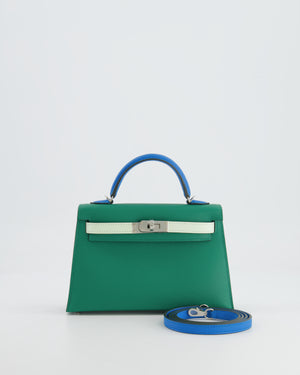 *RARE* Hermès Mini Kelly II Tricolour 20cm Bag In Vert Vertigo, Bleu Zanzibar and Vert Fizz Epsom Leather with Palladium Hardware