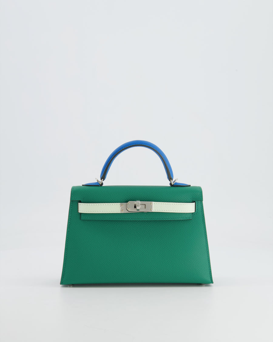 *RARE* Hermès Mini Kelly II Tricolour 20cm Bag In Vert Vertigo, Bleu Zanzibar and Vert Fizz Epsom Leather with Palladium Hardware