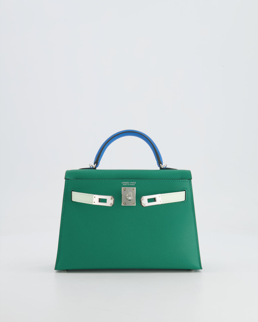 *RARE* Hermès Mini Kelly II Tricolour 20cm Bag In Vert Vertigo, Bleu Zanzibar and Vert Fizz Epsom Leather with Palladium Hardware