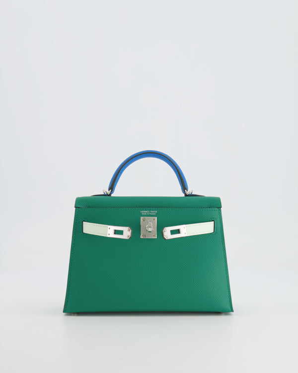 *RARE* Hermès Mini Kelly II Tricolour 20cm Bag In Vert Vertigo, Bleu Zanzibar and Vert Fizz Epsom Leather with Palladium Hardware