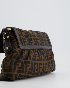 Fendi Brown Zucca Monogram Chef Flap Bag in Fabric with Medallion and Gold Hardware