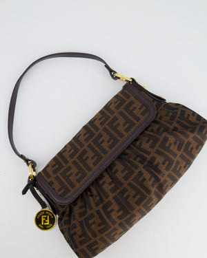 Fendi Brown Zucca Monogram Chef Flap Bag in Fabric with Medallion and Gold Hardware