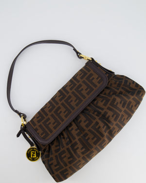 Fendi Brown Zucca Monogram Chef Flap Bag in Fabric with Medallion and Gold Hardware